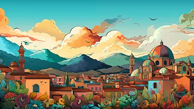 obrazek przedstawia barwne miasto na tle gór z kolorowanki z kreatywnych ksiązeczek dla dzieci. Materiały promocyjne w formie kolorowanki przedstawione przez symboliczną ilustracje