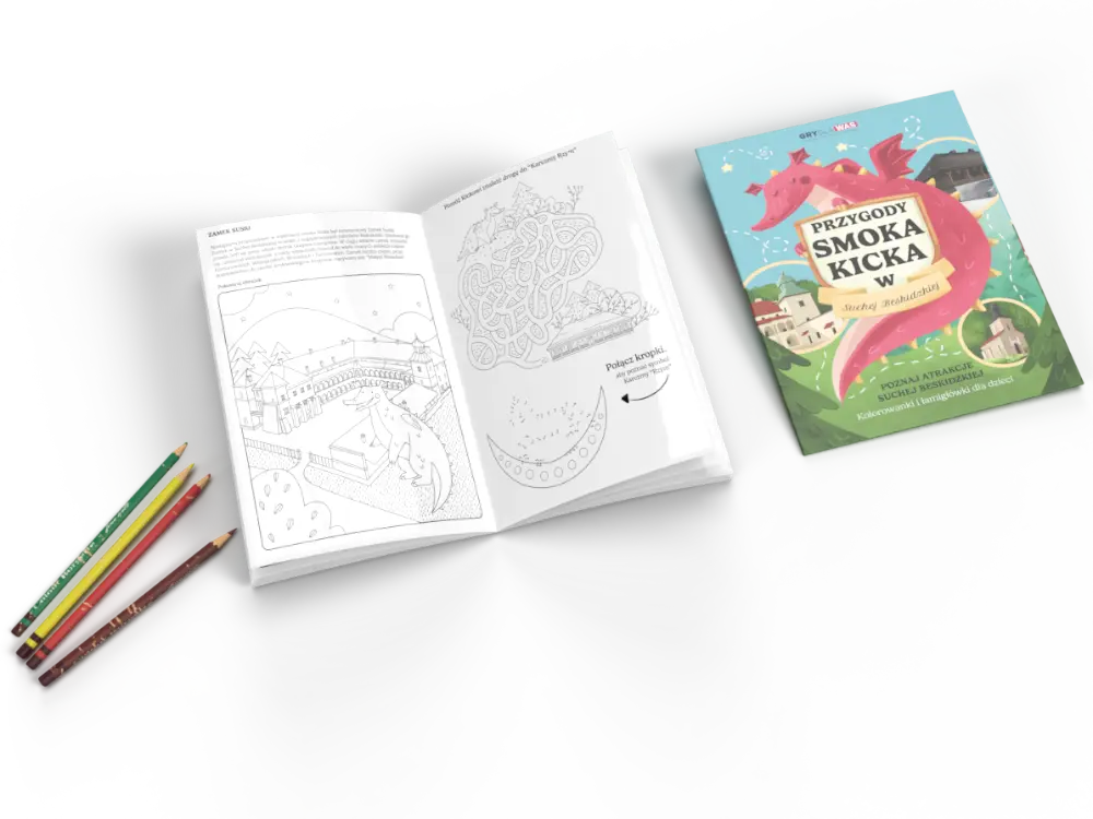 ilustracja przedstawia kolorowankę i książeczkę kreatywną dla dzieci "Przygody Smoka Kicka w Suchej Beskidzkiej"