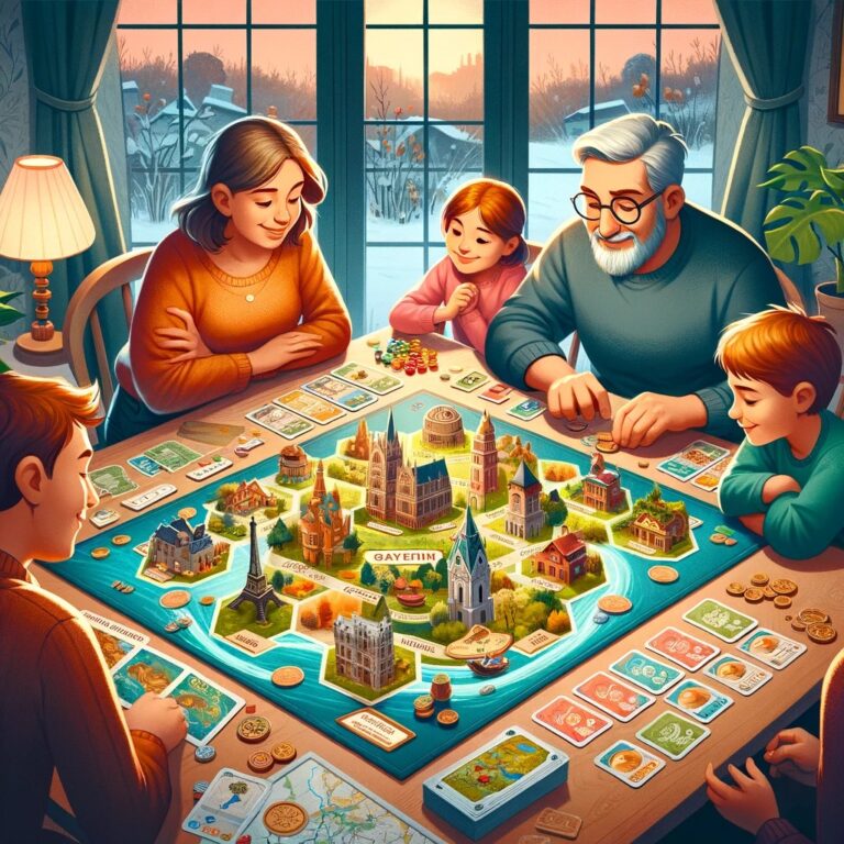 ilustracja przedstawia rodzinę grającą w grę planszową będącą świetną promocją regionu